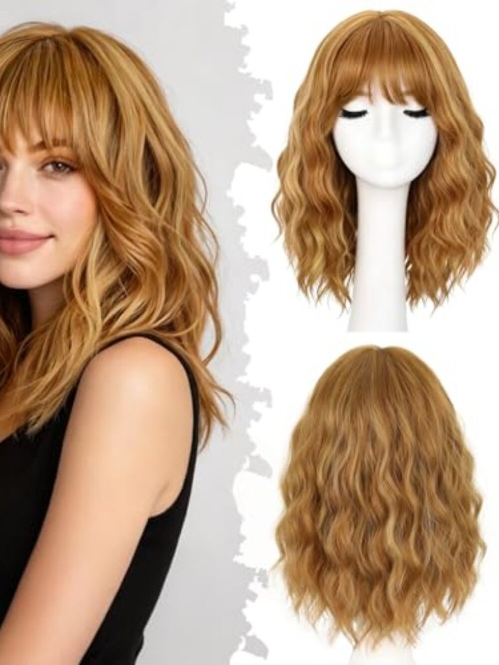 Honey Blonde Highlight 16 Inch Short Wavy Curly Hair Wigs with Bangs